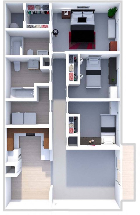Floor plan for 3 beds, 2 baths, 1040 sqft